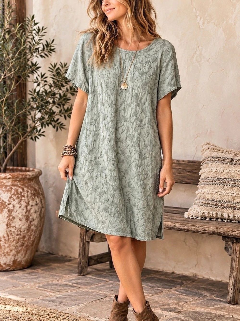 J.Jill Vintage 90s Sage Green Textured Shift Cottagecore Boho Rayon Dress